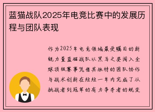 蓝猫战队2025年电竞比赛中的发展历程与团队表现